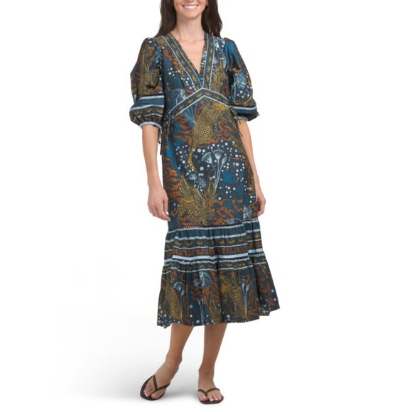 MARCHESA BLUE MULTI Printed V-neck Midi Dress